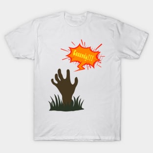 Zombie hand out of the ground asking for candy for Halloween T-Shirt